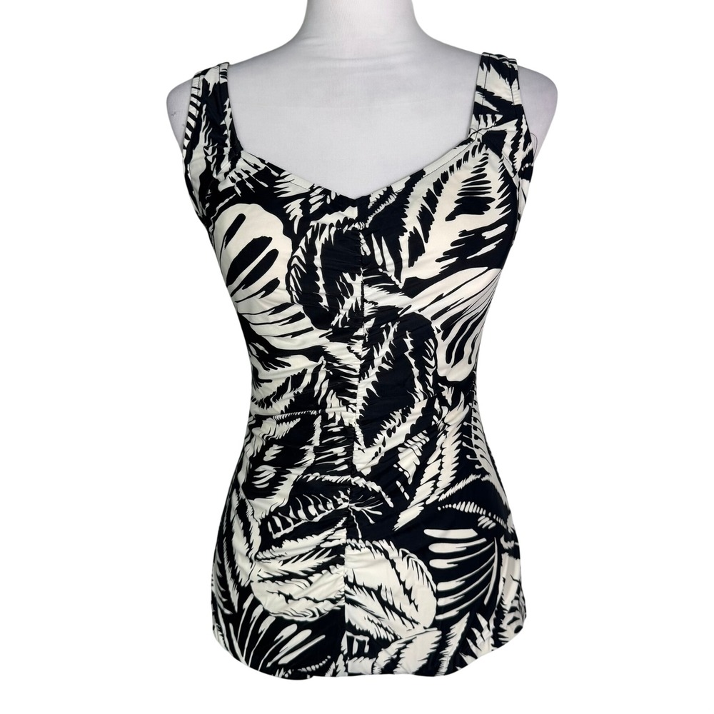 AZUL Women's 10 Black White Tropical Palm Leaf Ruched One Piece Swimsuit